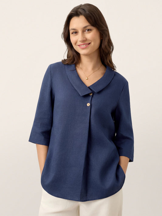 Pleated inverted top, asymmetric neckline, 100% linen OTTILIE