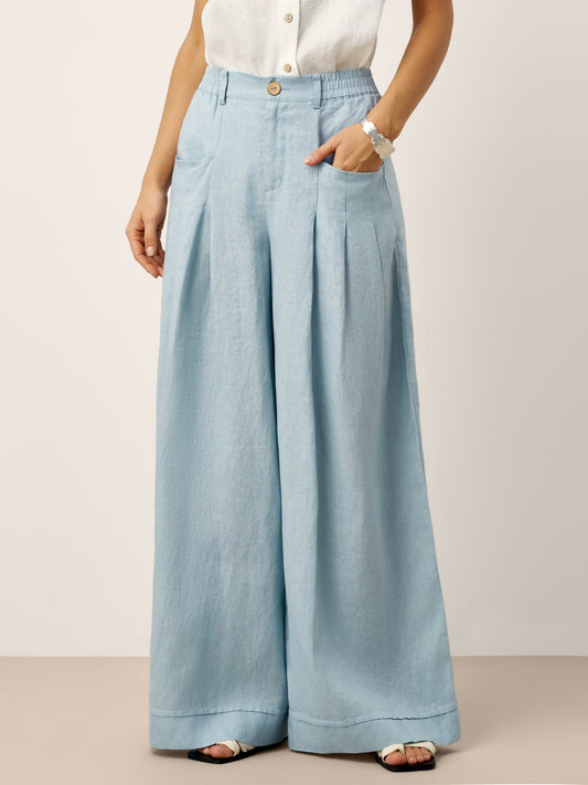 100% lino, esculpido, cintura elástica fruncida, espalda, pantalón relajado, Veridiana