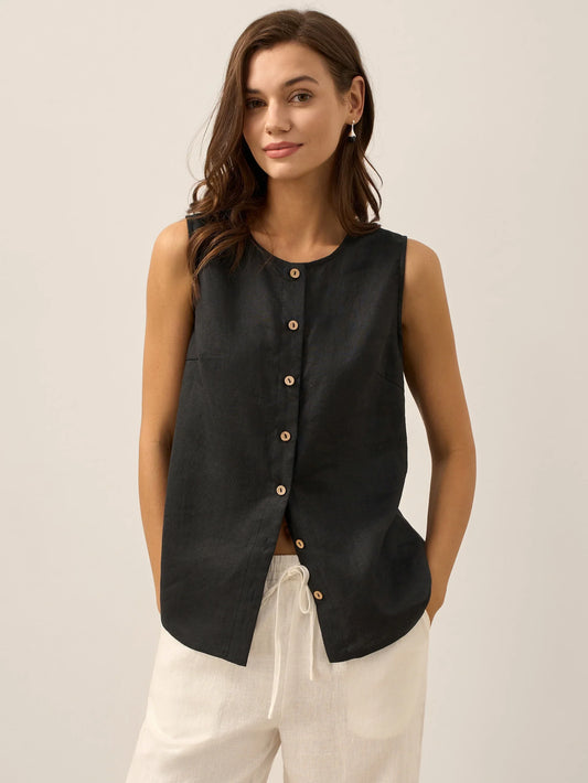 Top de Lino 100% sin Mangas con Botones ERIN