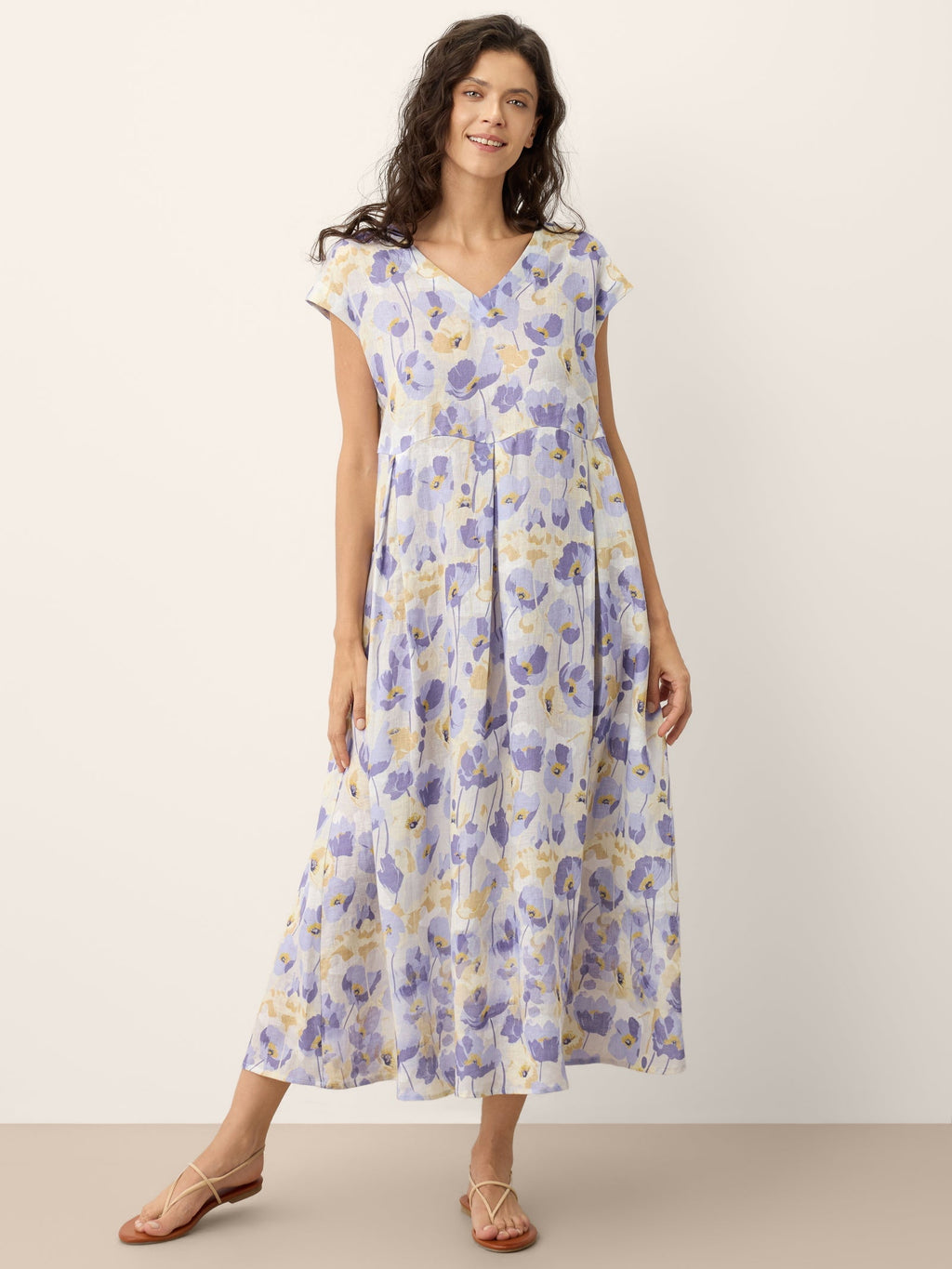 Vestido Maxi de Lino 100% Cintura Festoneada Estampado Claveles HARRIET