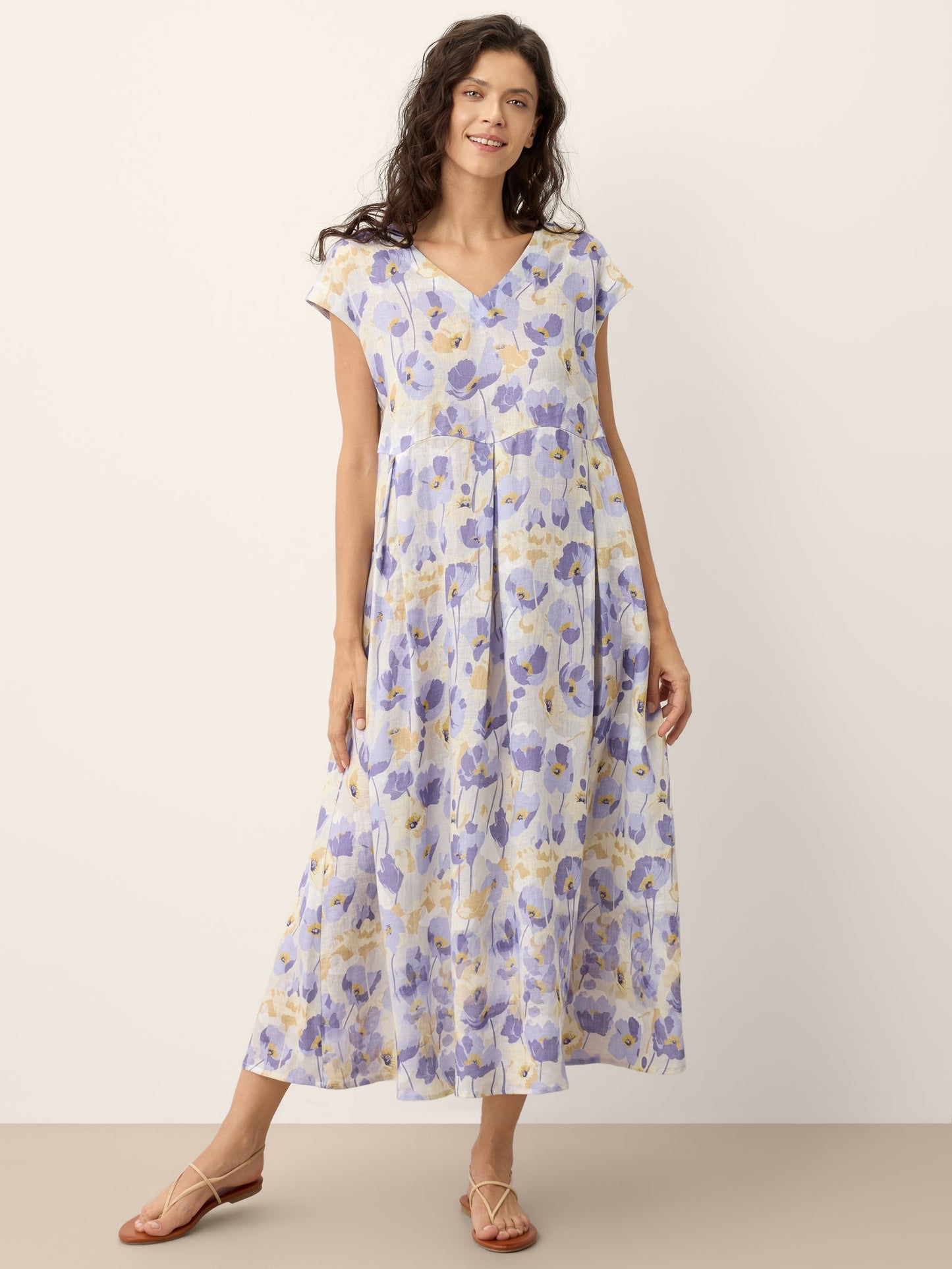 Vestido Maxi de Lino 100% Cintura Festoneada Estampado Claveles HARRIET