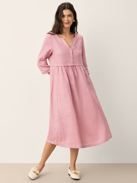 LUNA 100% Linen Maxi Dress with Loose Waist and Gathered Buttons