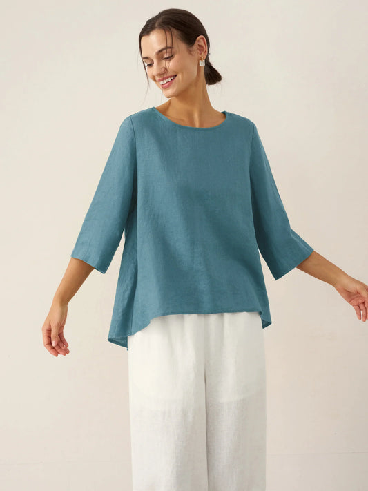 Asymmetrical hem with crew neck 100% linen BRIANNA