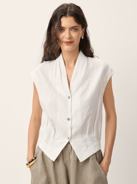 100% Linen Crossover Elastic Neck Cropped Back VALERIA Shirt